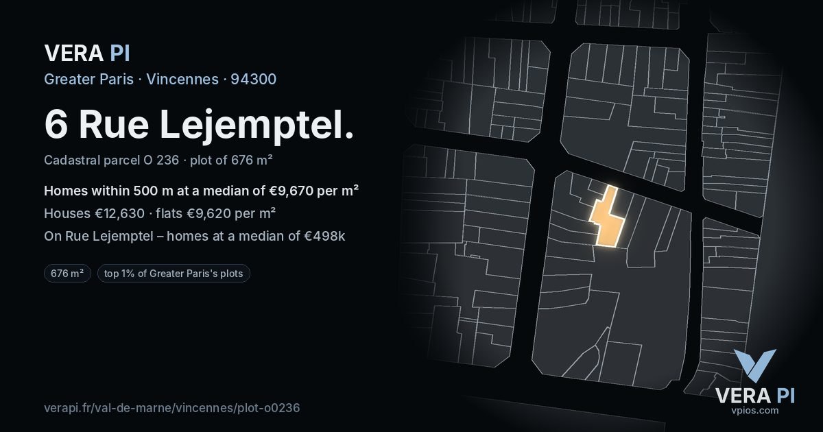 6 Rue Lejemptel, Vincennes at night – the plot lit, the parcels around coloured by the prices near them