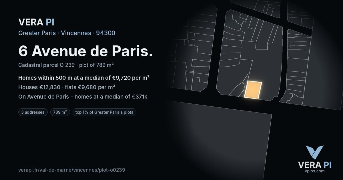 6 Avenue de Paris, Vincennes at night – the plot lit, the parcels around coloured by the prices near them