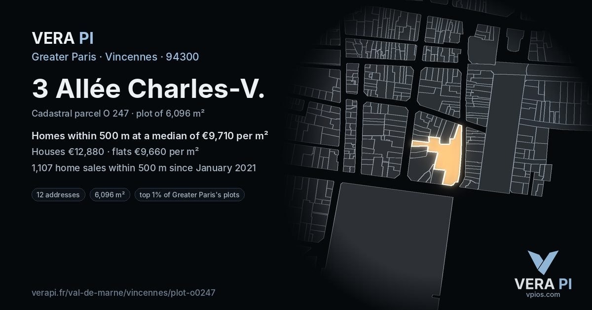 3 Allée Charles-V, Vincennes at night – the plot lit, the parcels around coloured by the prices near them