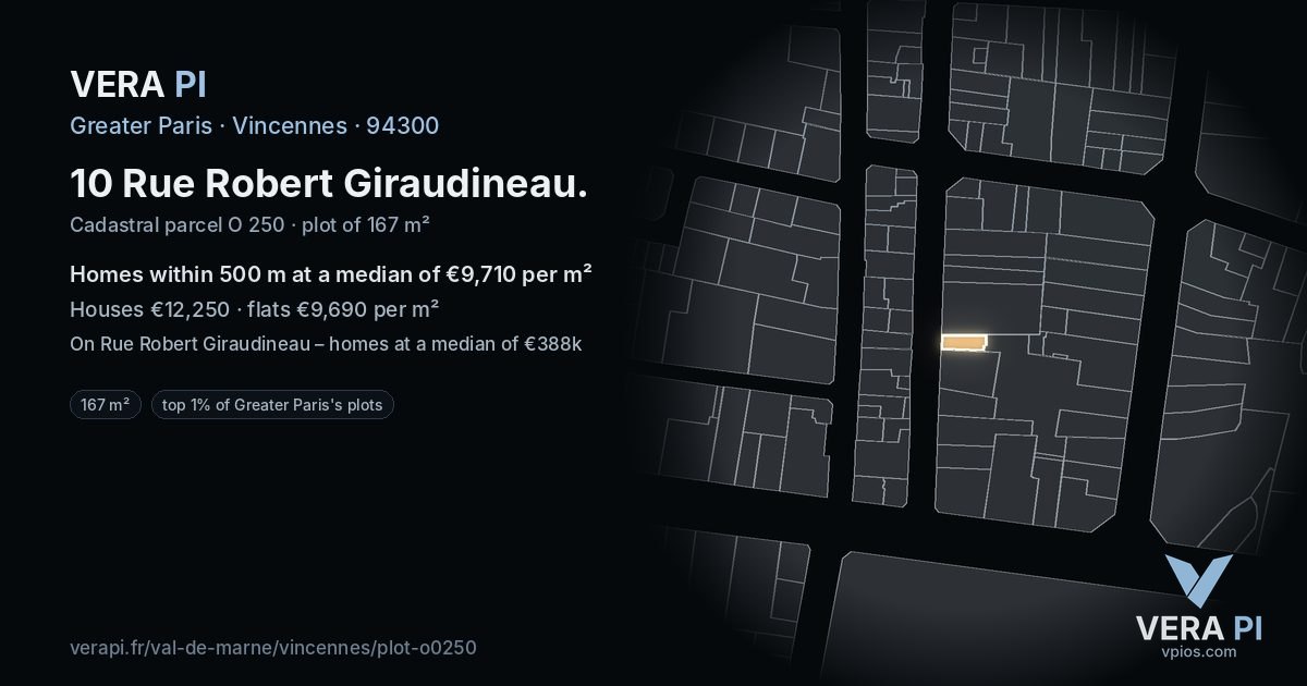 10 Rue Robert Giraudineau, Vincennes at night – the plot lit, the parcels around coloured by the prices near them