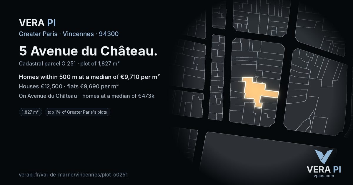 5 Avenue du Château, Vincennes at night – the plot lit, the parcels around coloured by the prices near them
