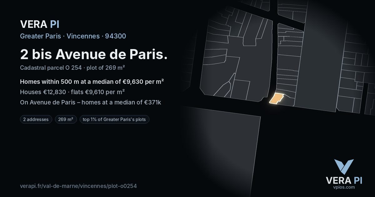 2 bis Avenue de Paris, Vincennes at night – the plot lit, the parcels around coloured by the prices near them