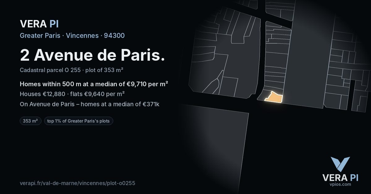 2 Avenue de Paris, Vincennes at night – the plot lit, the parcels around coloured by the prices near them