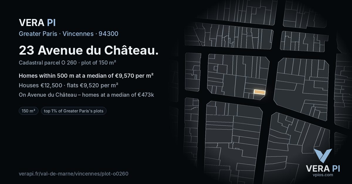 23 Avenue du Château, Vincennes at night – the plot lit, the parcels around coloured by the prices near them