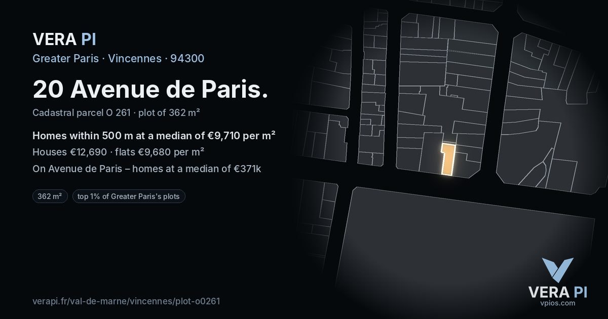 20 Avenue de Paris, Vincennes at night – the plot lit, the parcels around coloured by the prices near them