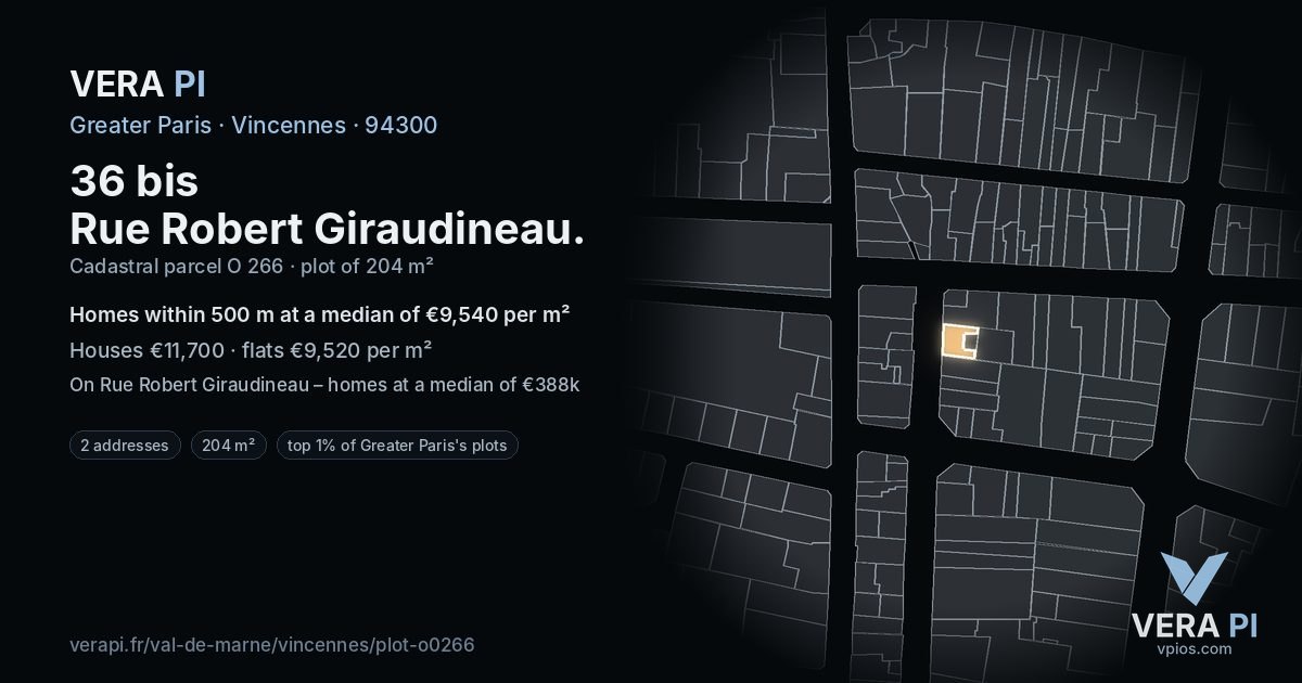 36 bis Rue Robert Giraudineau, Vincennes at night – the plot lit, the parcels around coloured by the prices near them