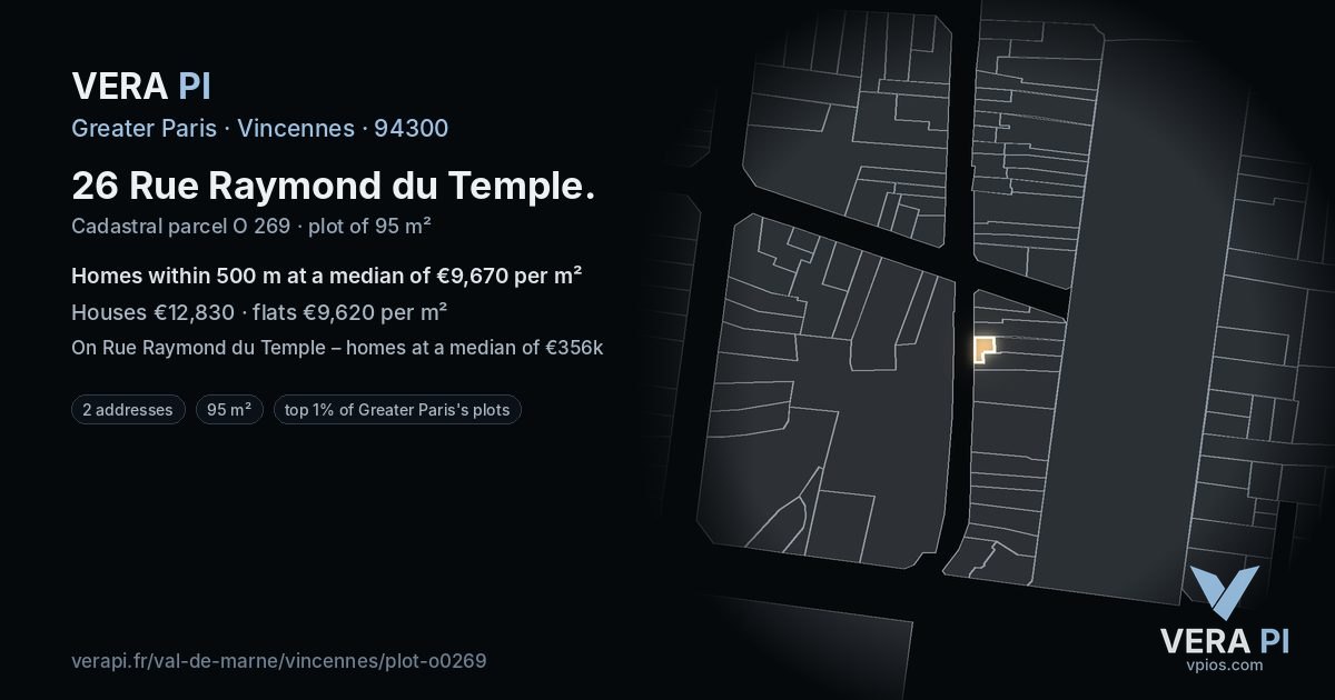 26 Rue Raymond du Temple, Vincennes at night – the plot lit, the parcels around coloured by the prices near them