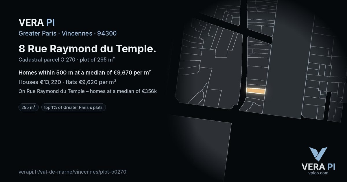 8 Rue Raymond du Temple, Vincennes at night – the plot lit, the parcels around coloured by the prices near them