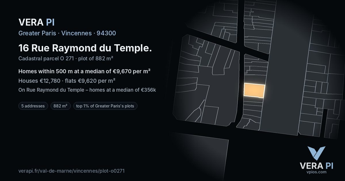 16 Rue Raymond du Temple, Vincennes at night – the plot lit, the parcels around coloured by the prices near them