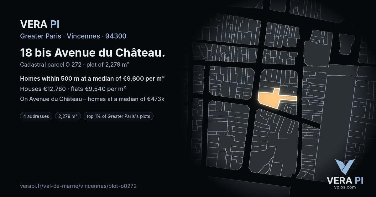 18 bis Avenue du Château, Vincennes at night – the plot lit, the parcels around coloured by the prices near them