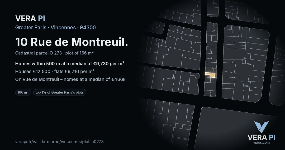 10 Rue de Montreuil, Vincennes at night – the plot lit, the parcels around coloured by the prices near them