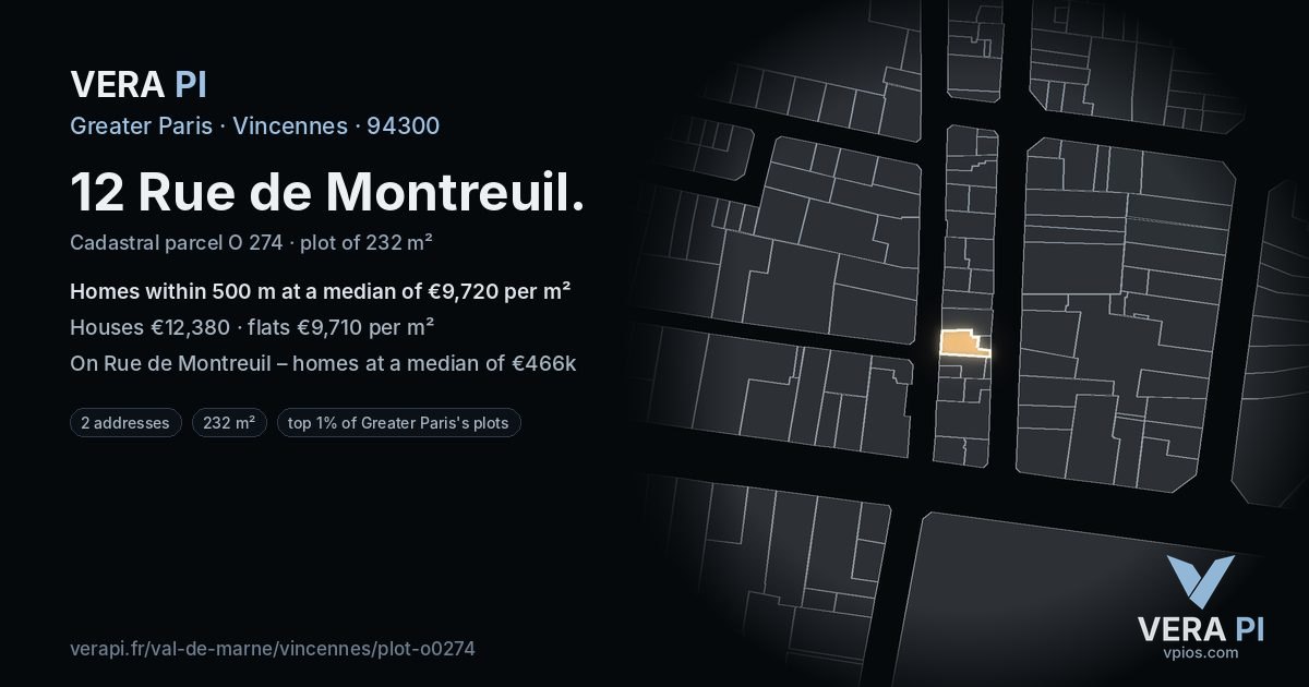 12 Rue de Montreuil, Vincennes at night – the plot lit, the parcels around coloured by the prices near them