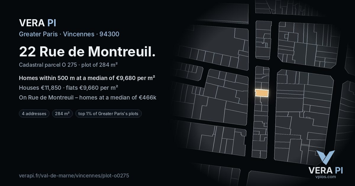 22 Rue de Montreuil, Vincennes at night – the plot lit, the parcels around coloured by the prices near them