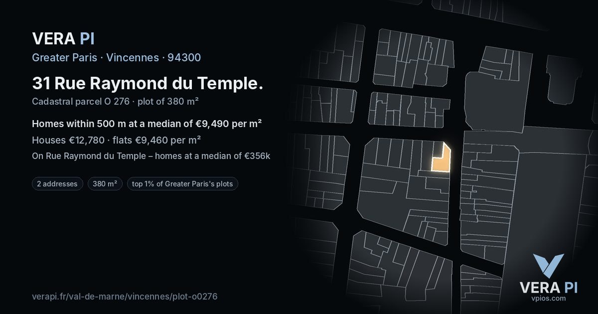 31 Rue Raymond du Temple, Vincennes at night – the plot lit, the parcels around coloured by the prices near them