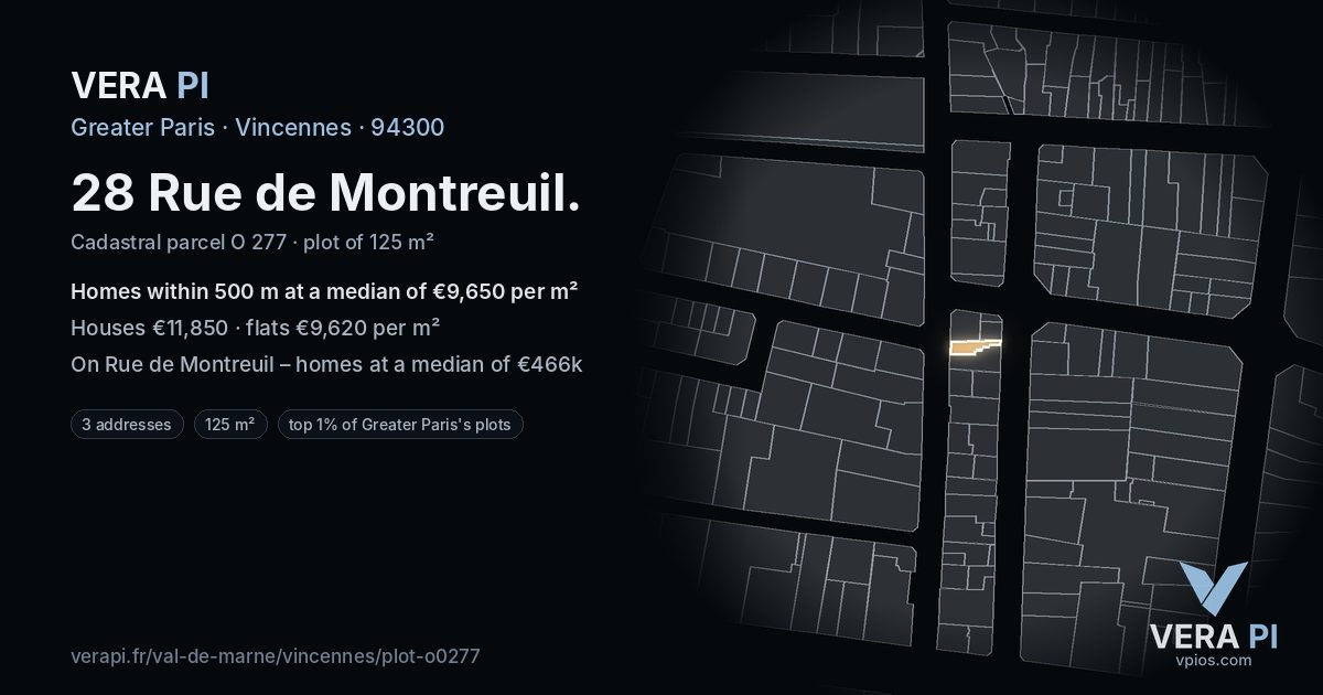 28 Rue de Montreuil, Vincennes at night – the plot lit, the parcels around coloured by the prices near them