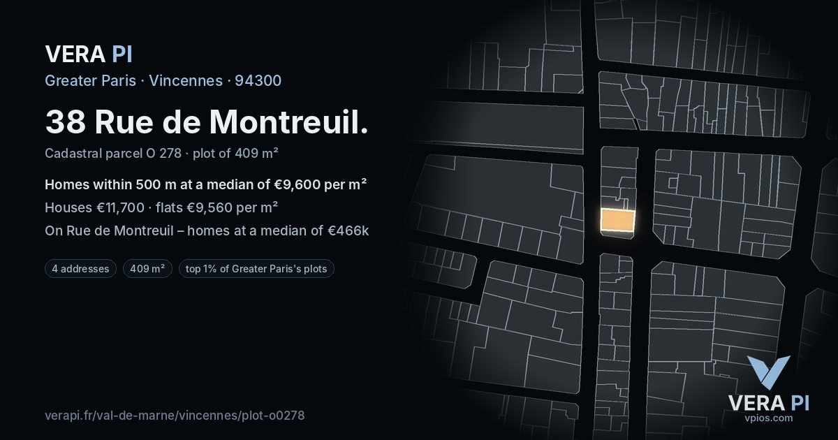 38 Rue de Montreuil, Vincennes at night – the plot lit, the parcels around coloured by the prices near them