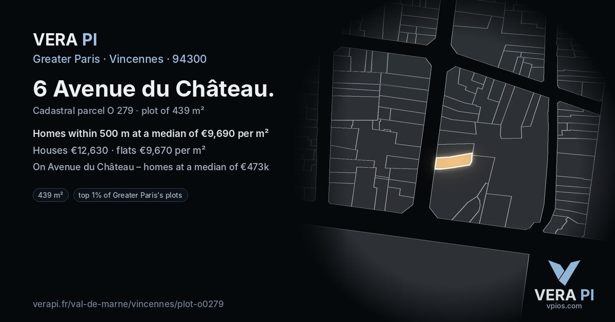 6 Avenue du Château, Vincennes at night – the plot lit, the parcels around coloured by the prices near them