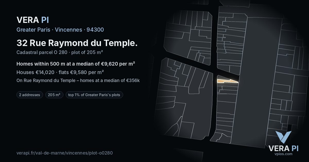 32 Rue Raymond du Temple, Vincennes at night – the plot lit, the parcels around coloured by the prices near them