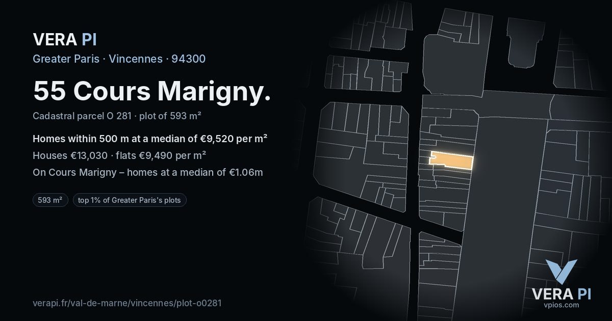 55 Cours Marigny, Vincennes at night – the plot lit, the parcels around coloured by the prices near them