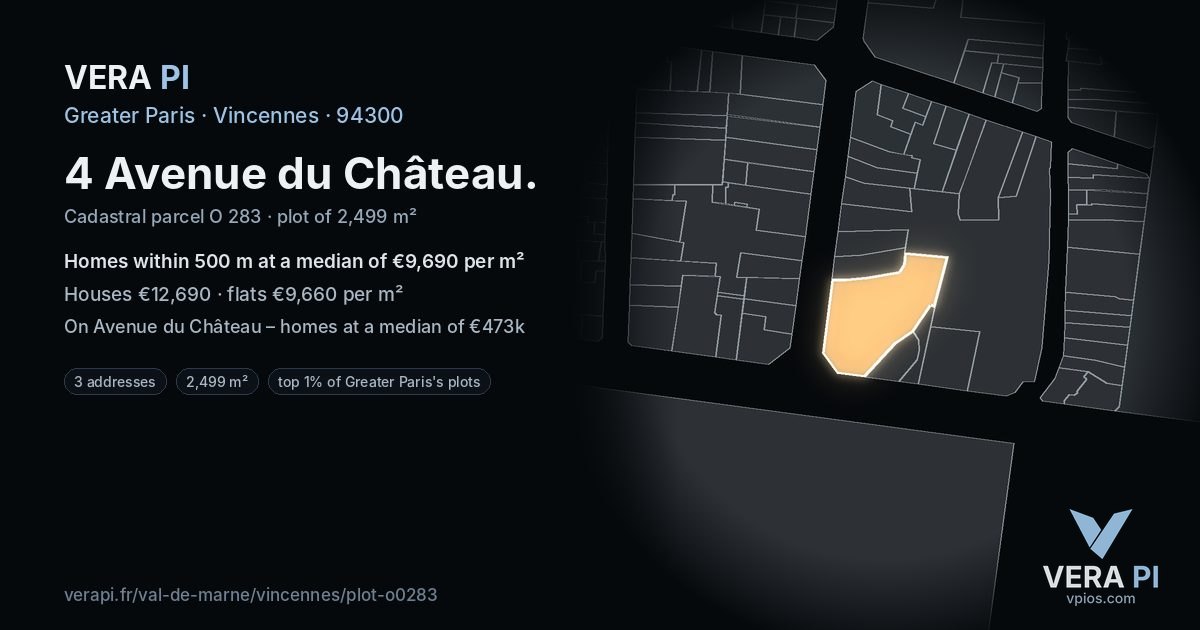 4 Avenue du Château, Vincennes at night – the plot lit, the parcels around coloured by the prices near them