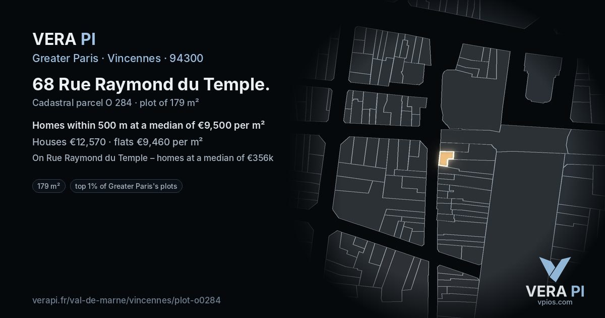 68 Rue Raymond du Temple, Vincennes at night – the plot lit, the parcels around coloured by the prices near them
