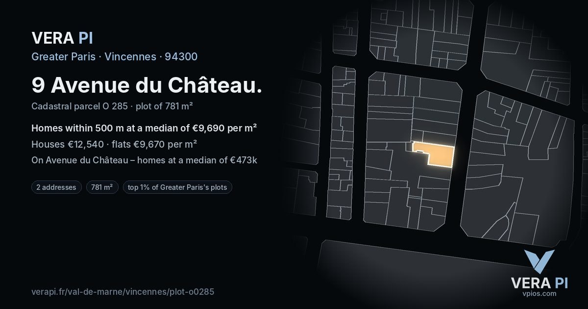 9 Avenue du Château, Vincennes at night – the plot lit, the parcels around coloured by the prices near them