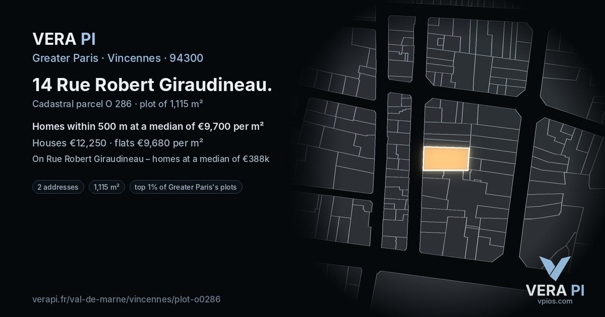 14 Rue Robert Giraudineau, Vincennes at night – the plot lit, the parcels around coloured by the prices near them