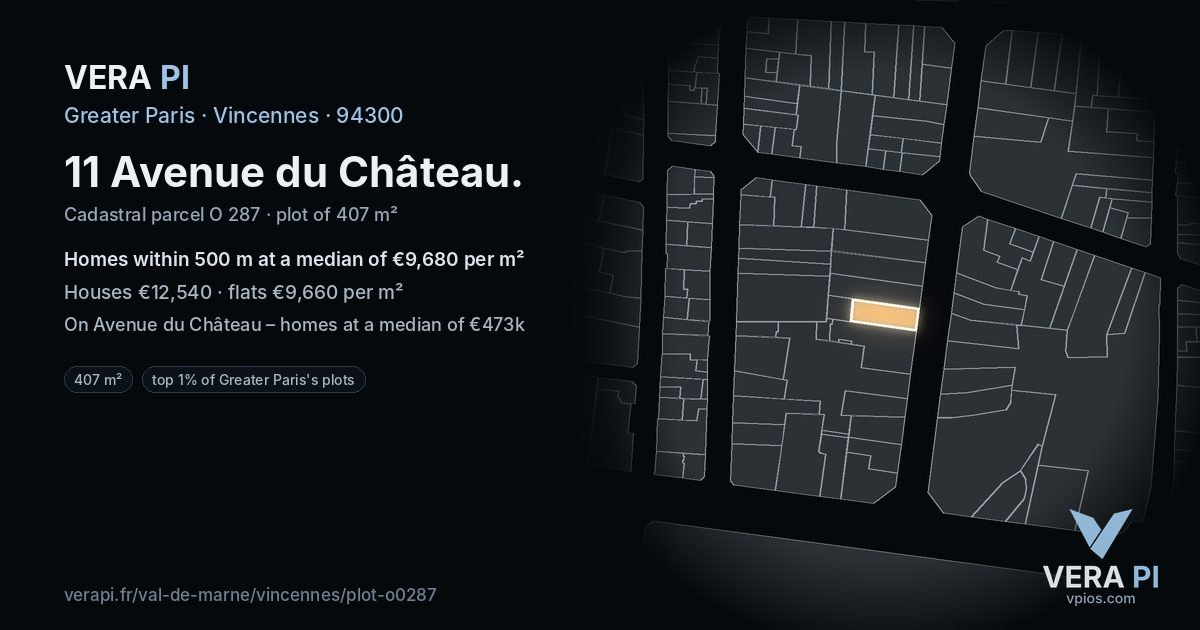 11 Avenue du Château, Vincennes at night – the plot lit, the parcels around coloured by the prices near them