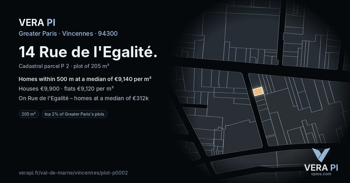 14 Rue de l'Egalité, Vincennes at night – the plot lit, the parcels around coloured by the prices near them