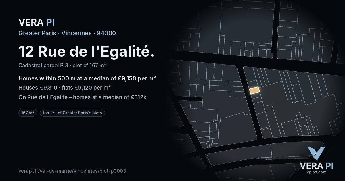 12 Rue de l'Egalité, Vincennes at night – the plot lit, the parcels around coloured by the prices near them