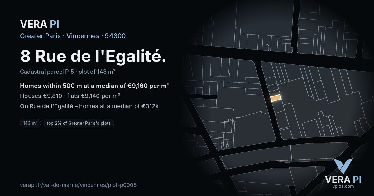 8 Rue de l'Egalité, Vincennes at night – the plot lit, the parcels around coloured by the prices near them