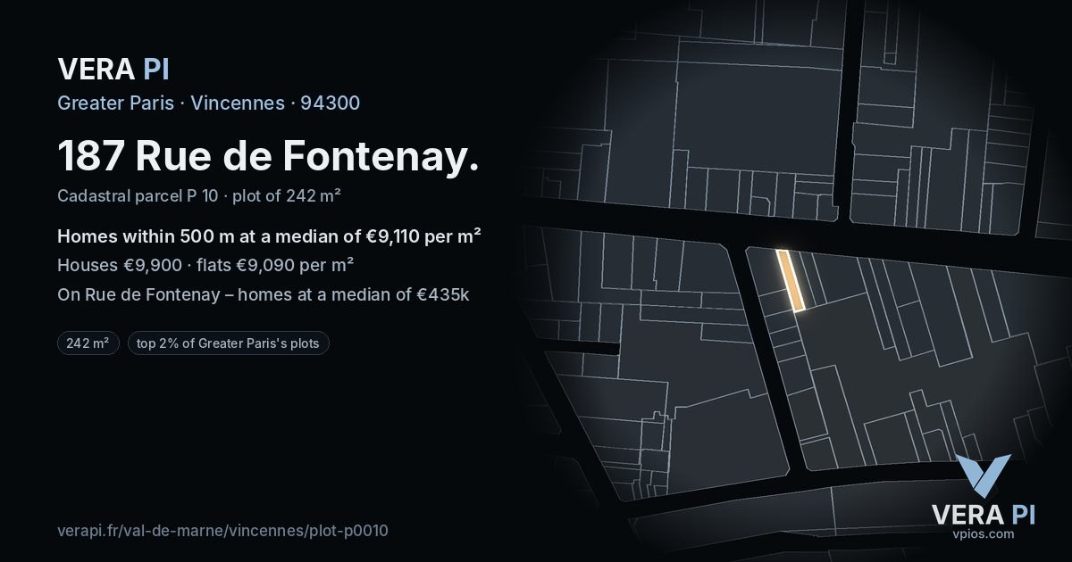 187 Rue de Fontenay, Vincennes at night – the plot lit, the parcels around coloured by the prices near them