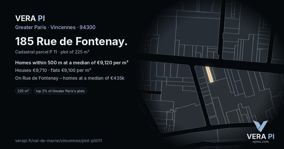 185 Rue de Fontenay, Vincennes at night – the plot lit, the parcels around coloured by the prices near them