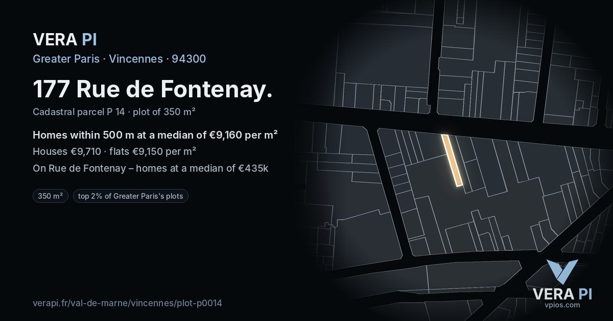 177 Rue de Fontenay, Vincennes at night – the plot lit, the parcels around coloured by the prices near them