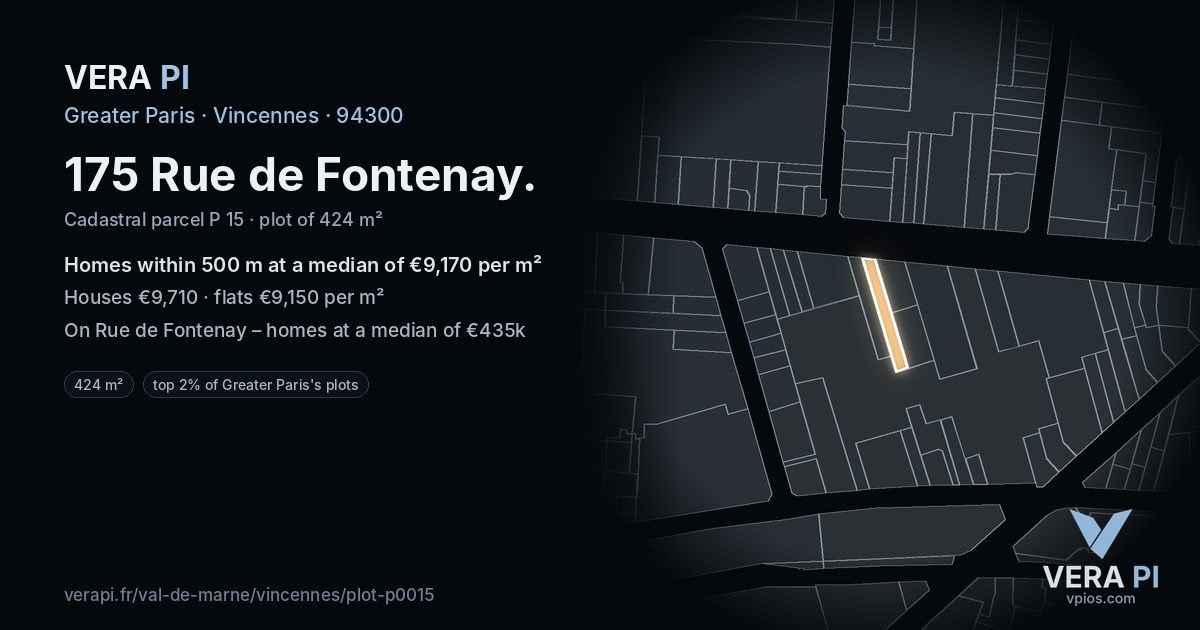 175 Rue de Fontenay, Vincennes at night – the plot lit, the parcels around coloured by the prices near them