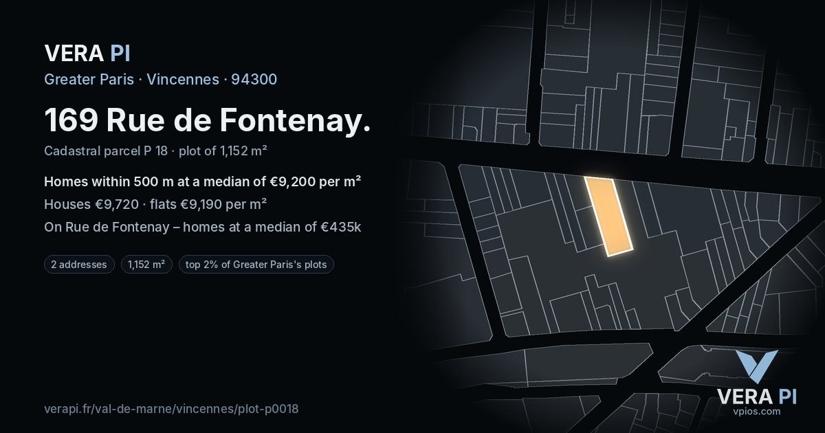169 Rue de Fontenay, Vincennes at night – the plot lit, the parcels around coloured by the prices near them
