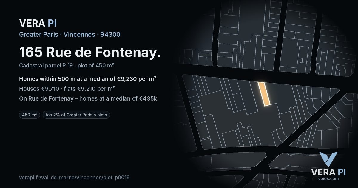 165 Rue de Fontenay, Vincennes at night – the plot lit, the parcels around coloured by the prices near them