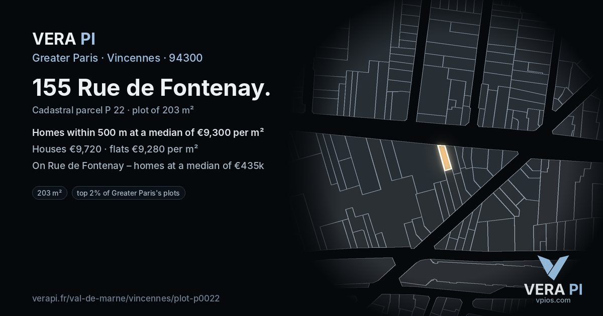 155 Rue de Fontenay, Vincennes at night – the plot lit, the parcels around coloured by the prices near them
