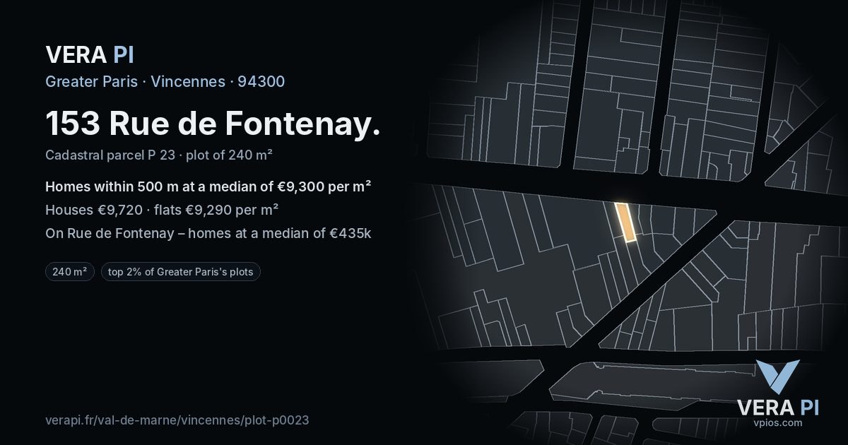 153 Rue de Fontenay, Vincennes at night – the plot lit, the parcels around coloured by the prices near them