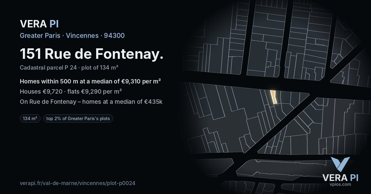 151 Rue de Fontenay, Vincennes at night – the plot lit, the parcels around coloured by the prices near them