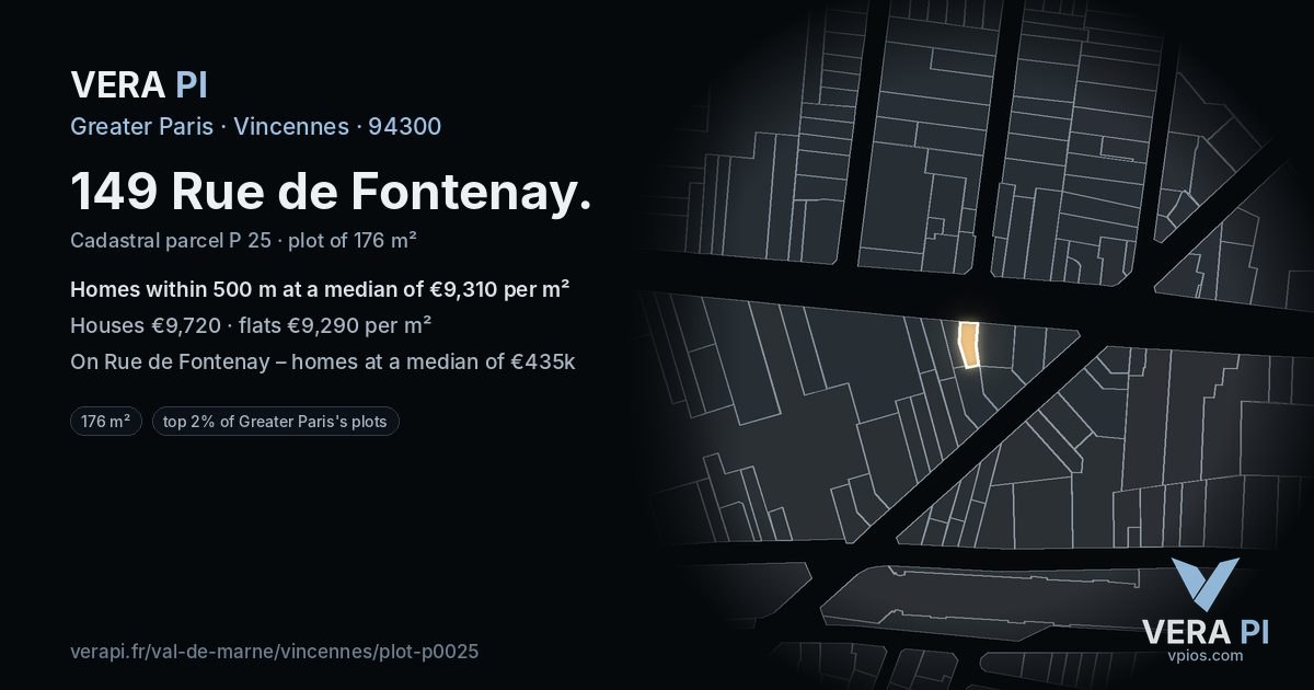 149 Rue de Fontenay, Vincennes at night – the plot lit, the parcels around coloured by the prices near them