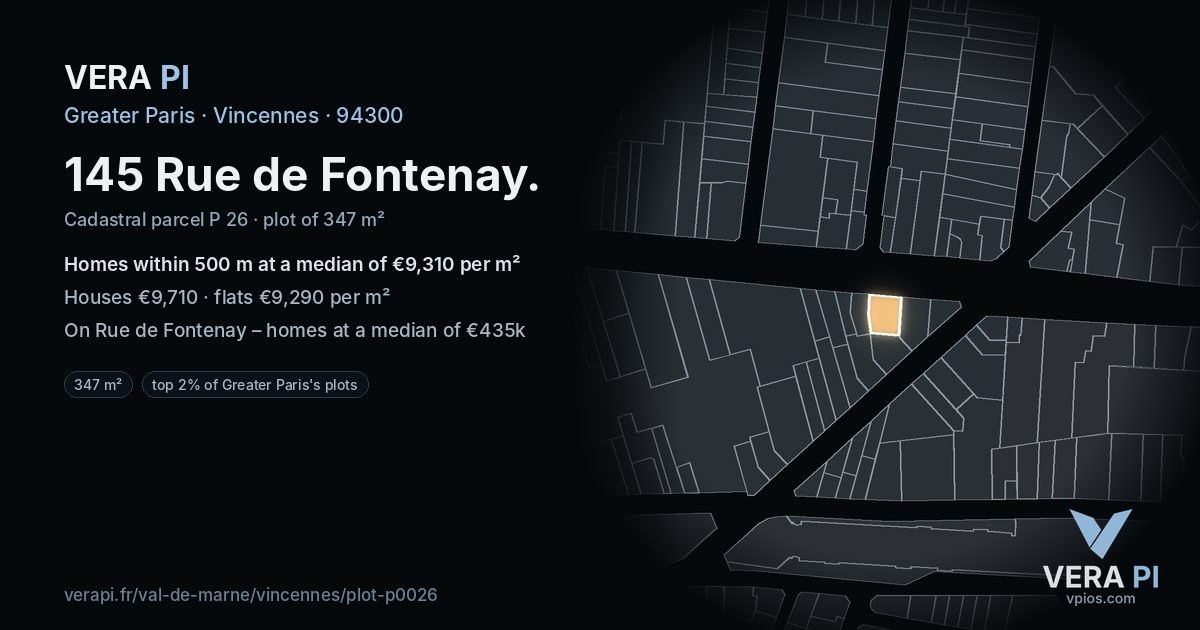 145 Rue de Fontenay, Vincennes at night – the plot lit, the parcels around coloured by the prices near them
