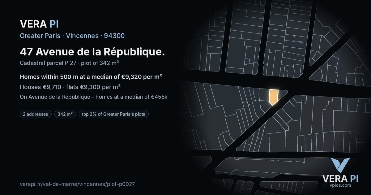 47 Avenue de la République, Vincennes at night – the plot lit, the parcels around coloured by the prices near them