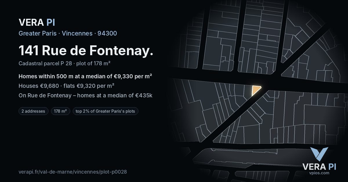 141 Rue de Fontenay, Vincennes at night – the plot lit, the parcels around coloured by the prices near them