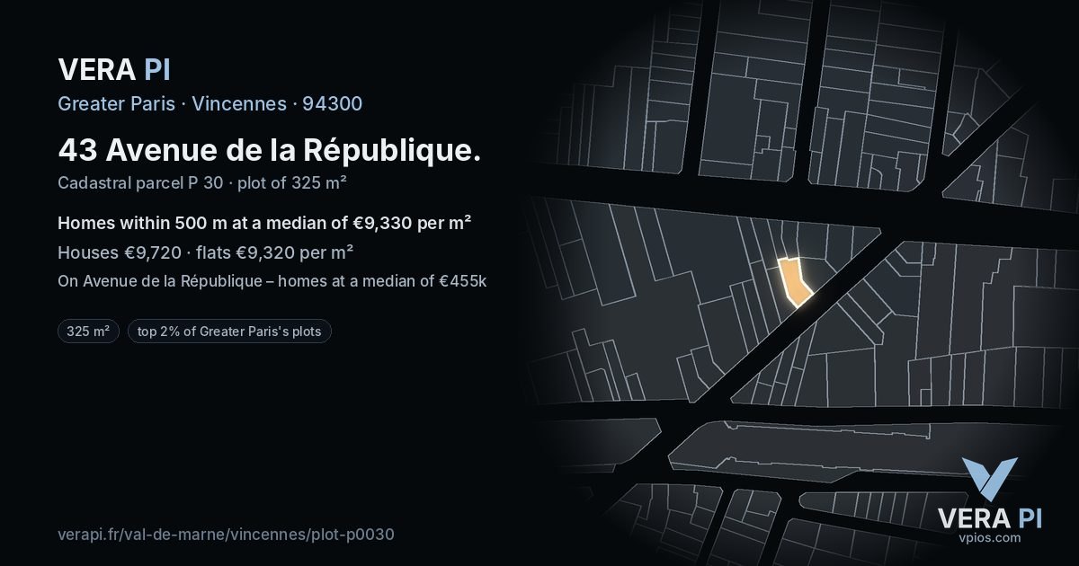 43 Avenue de la République, Vincennes at night – the plot lit, the parcels around coloured by the prices near them