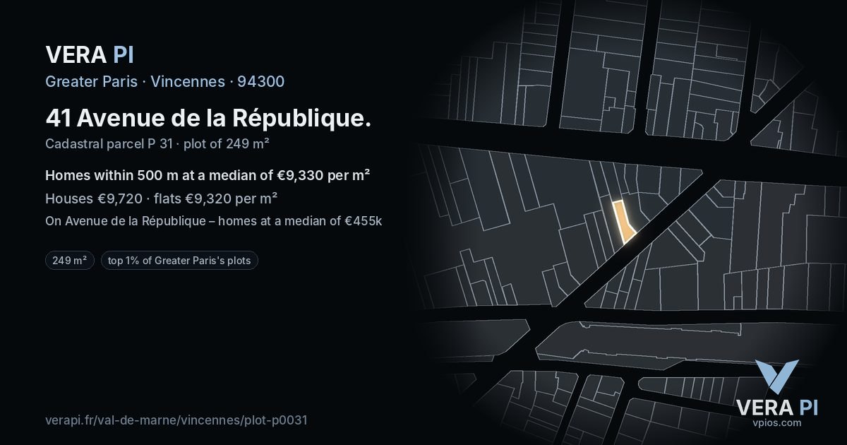 41 Avenue de la République, Vincennes at night – the plot lit, the parcels around coloured by the prices near them