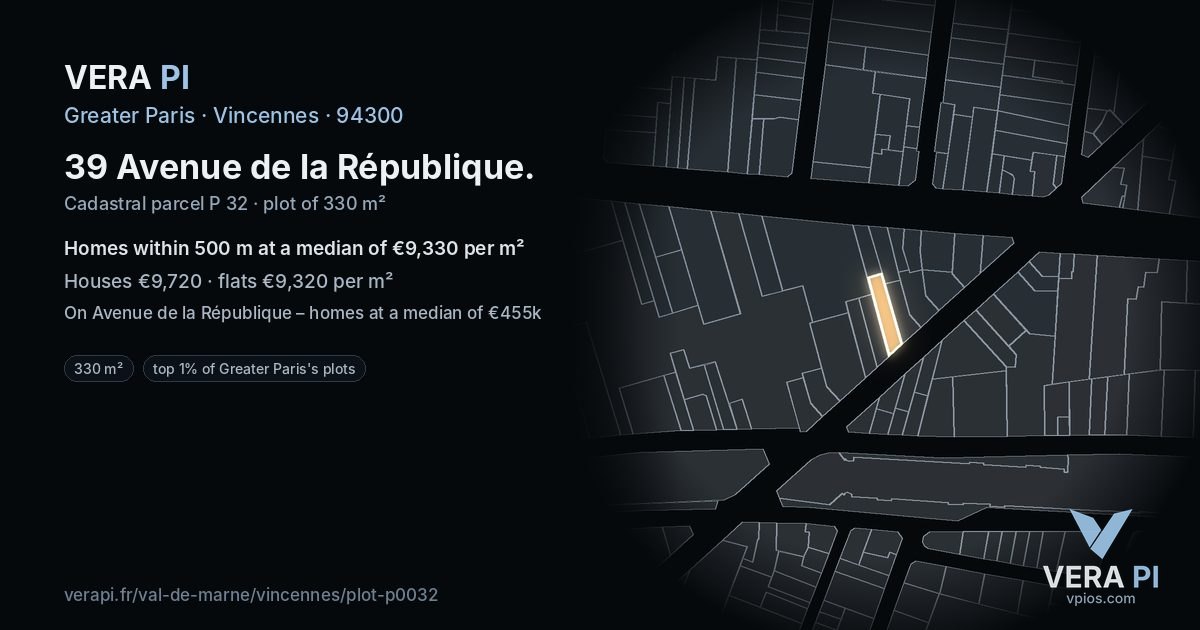 39 Avenue de la République, Vincennes at night – the plot lit, the parcels around coloured by the prices near them