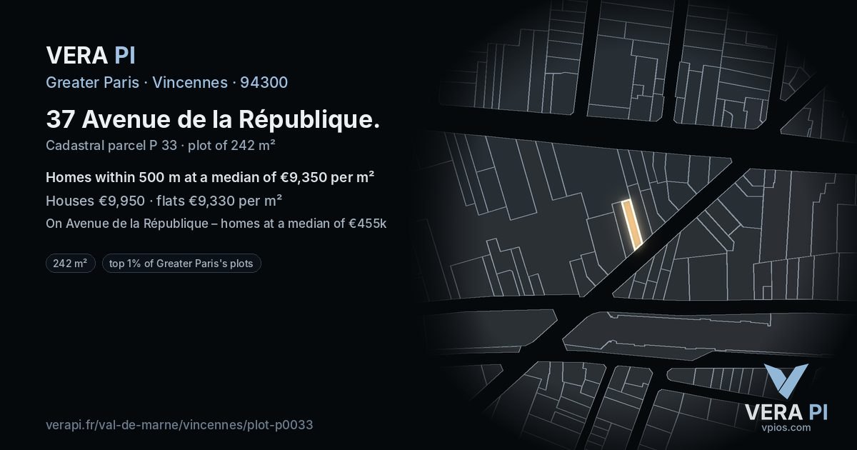 37 Avenue de la République, Vincennes at night – the plot lit, the parcels around coloured by the prices near them