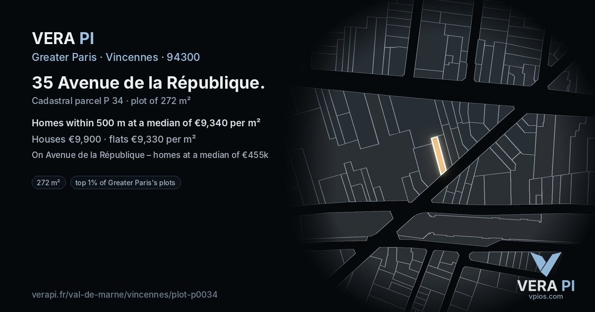 35 Avenue de la République, Vincennes at night – the plot lit, the parcels around coloured by the prices near them