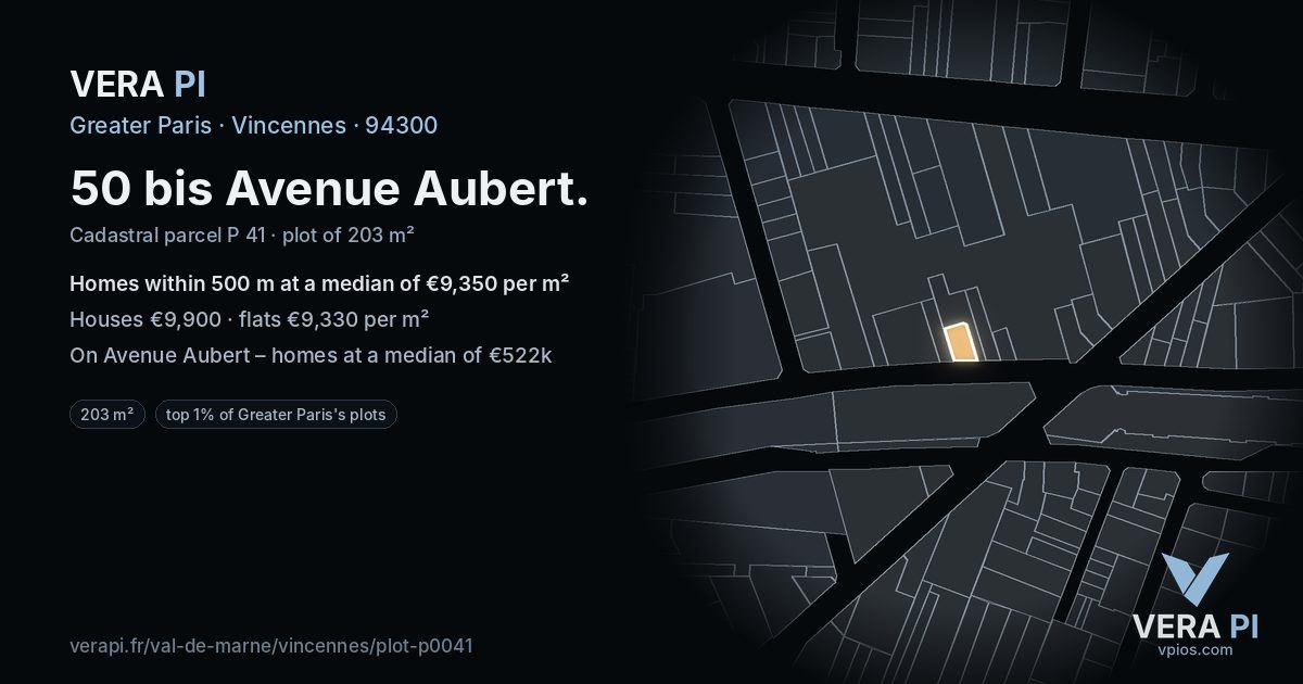 50 bis Avenue Aubert, Vincennes at night – the plot lit, the parcels around coloured by the prices near them